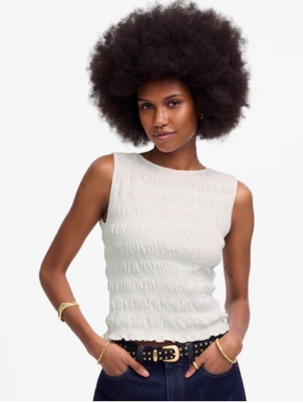 Madewell NWT Smocked Boatneck Tank Size Small with Ruffled Hem in White